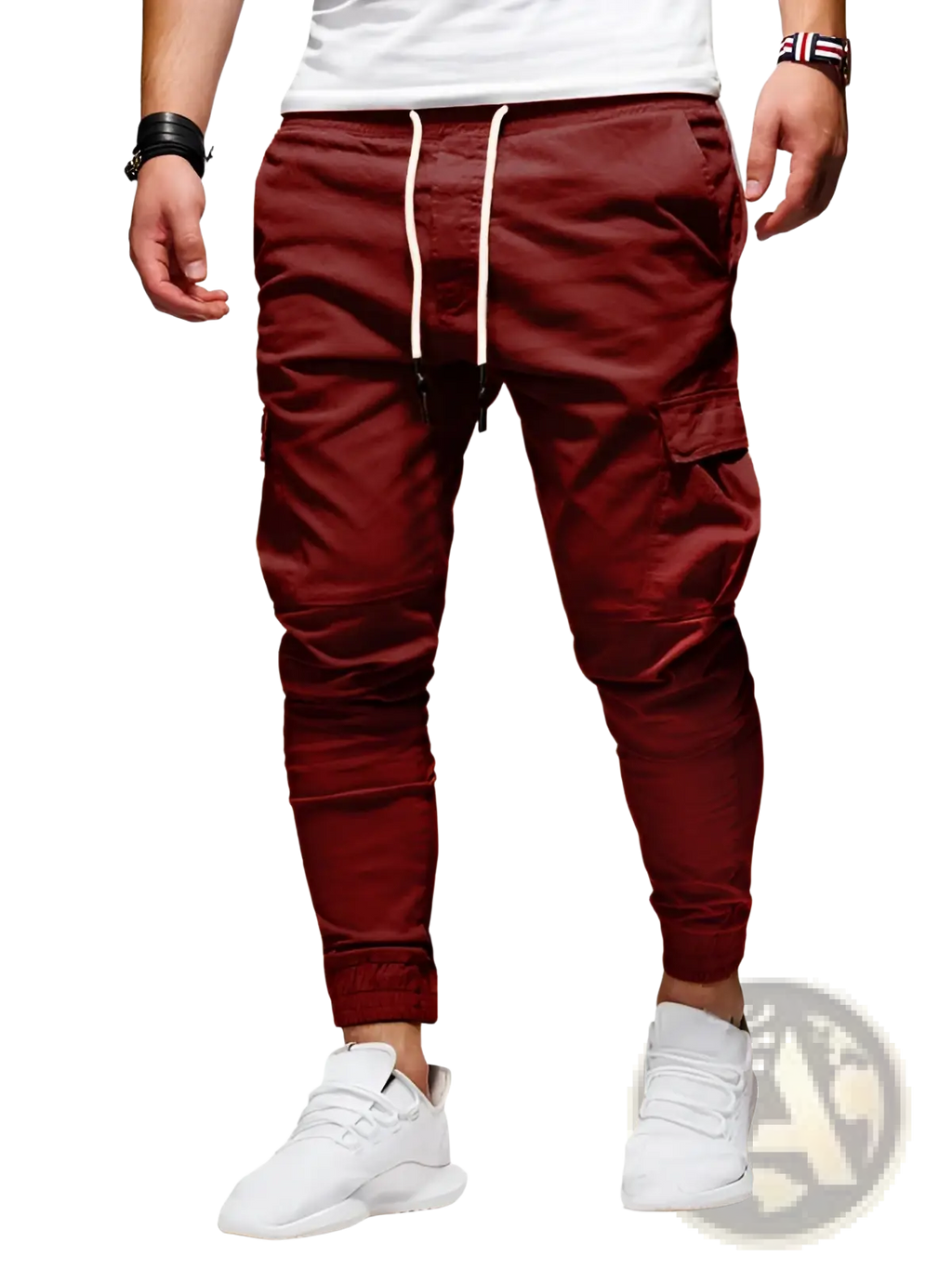 Men cargo joggers casual sports pants in maroon with white drawstrings and side pockets for comfortable wear