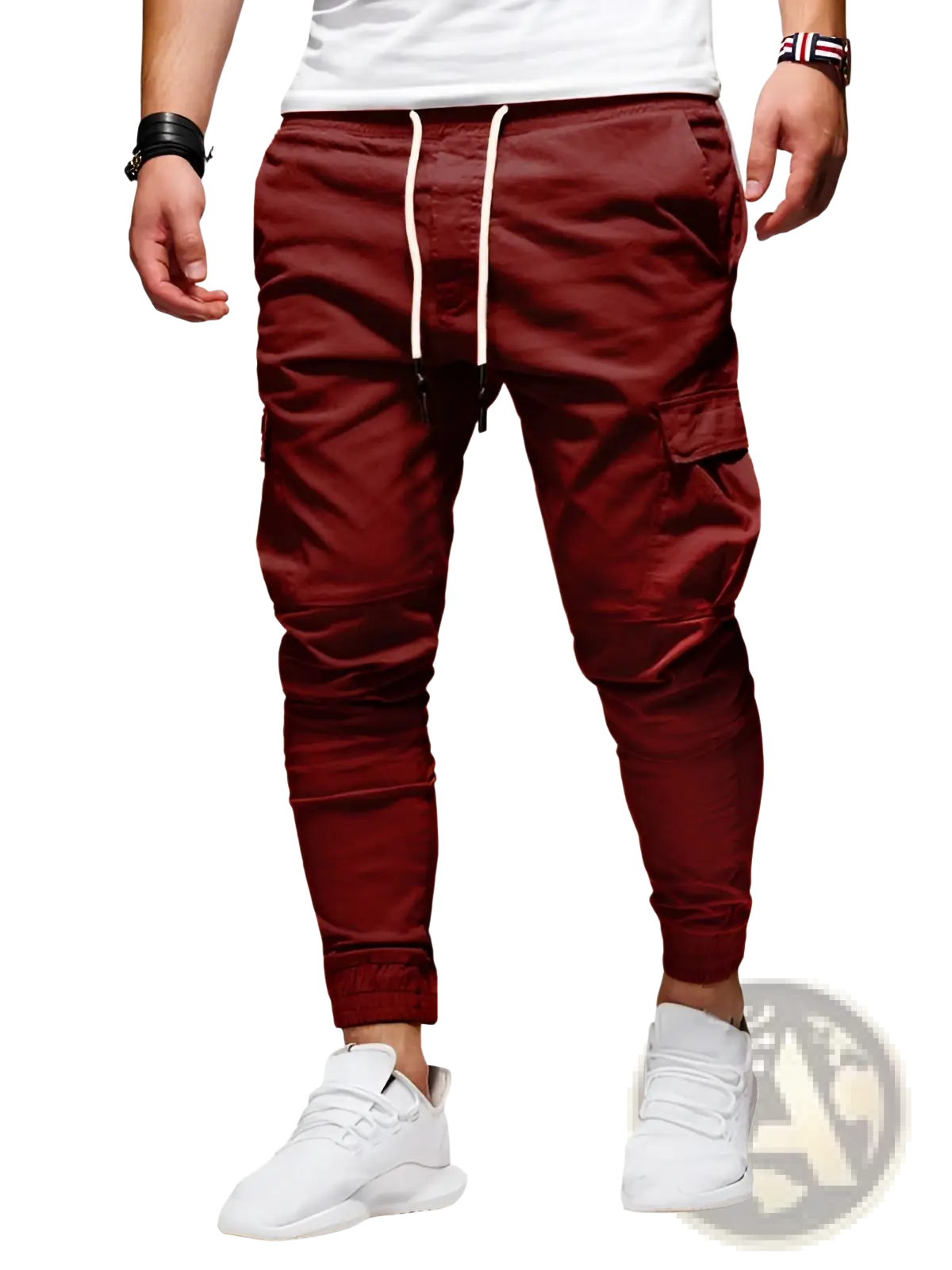 Men cargo joggers casual sports pants in maroon with white drawstrings and side pockets for comfortable wear