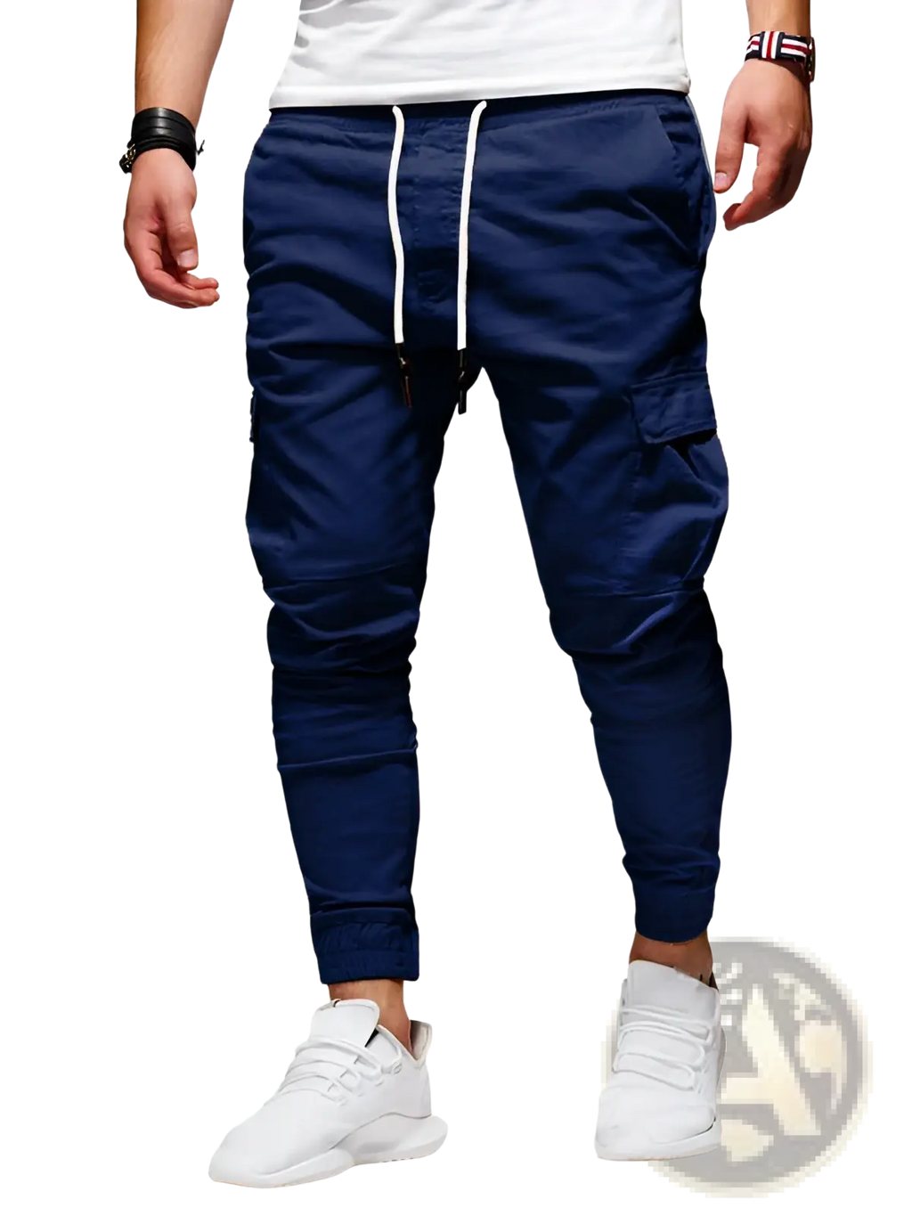 Navy blue men cargo joggers with white drawstrings and elastic cuffs designed for casual sportswear