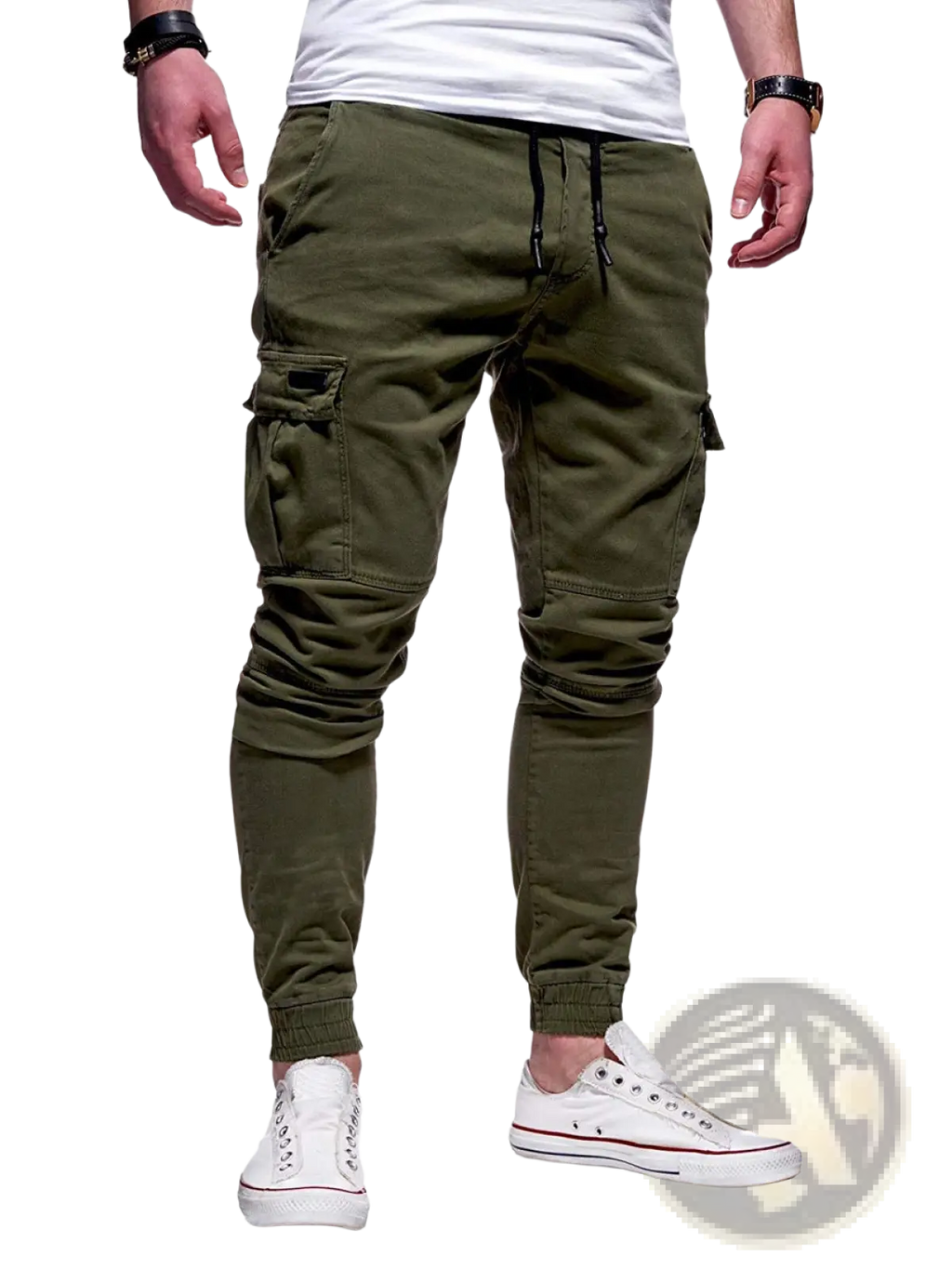Olive green men cargo joggers with multiple pockets and elastic cuffs casual sports pants for versatile wear