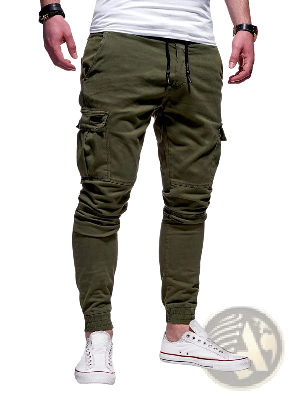 Olive green men cargo joggers with multiple pockets and elastic cuffs casual sports pants for versatile wear
