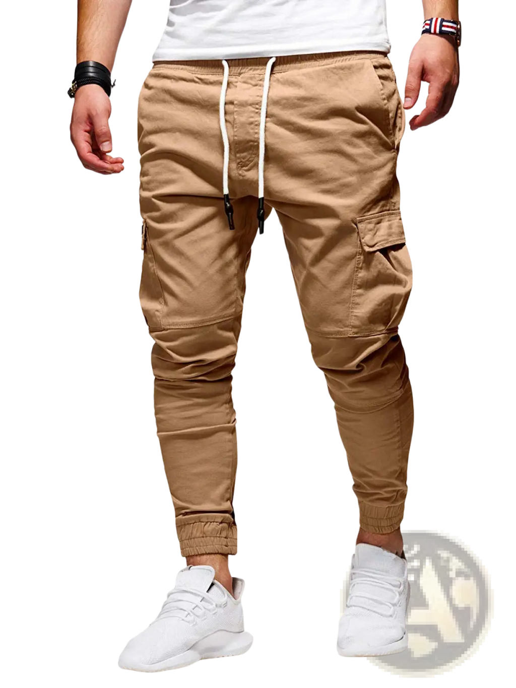 Men cargo joggers casual sports pants in tan featuring white drawstrings with black plastic toggles for adjustment
