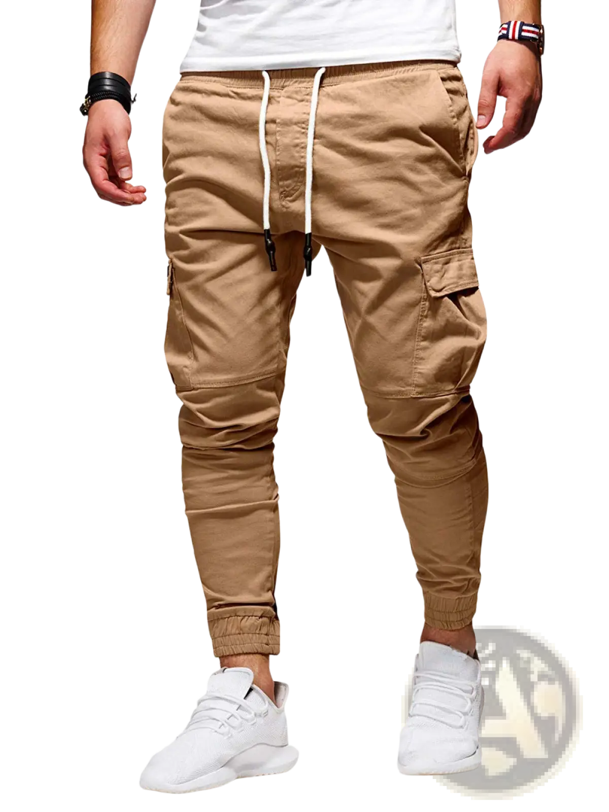 Men cargo joggers casual sports pants in tan featuring white drawstrings with black plastic toggles for adjustment