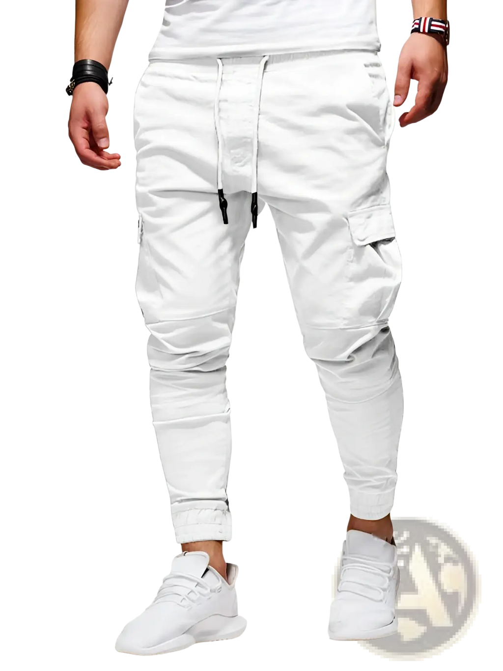Men cargo joggers casual sports pants in white with cargo pockets and drawstring waist for comfortable fit