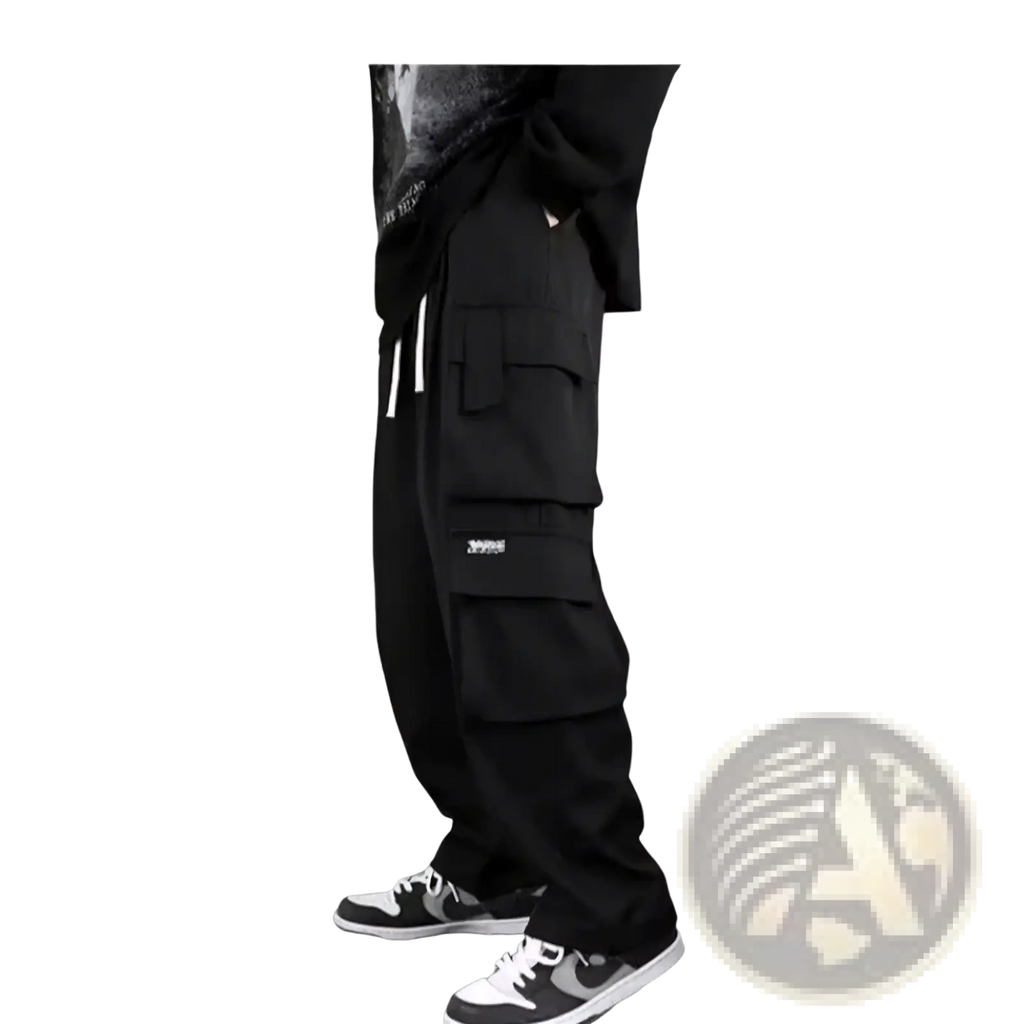 Black men cargo joggers with multiple pockets and a drawstring waistband featuring a loose fit y2k design