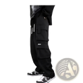 Black men cargo joggers with multiple pockets and a drawstring waistband featuring a loose fit y2k design
