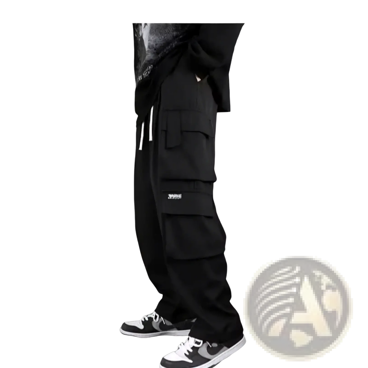 Black men cargo joggers with multiple pockets and a drawstring waistband featuring a loose fit y2k design