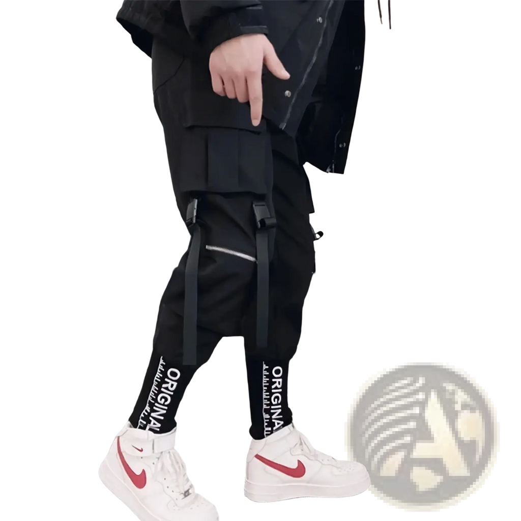 Men cargo joggers streetwear pants in black with multiple pockets adjustable straps and white original text on cuffs