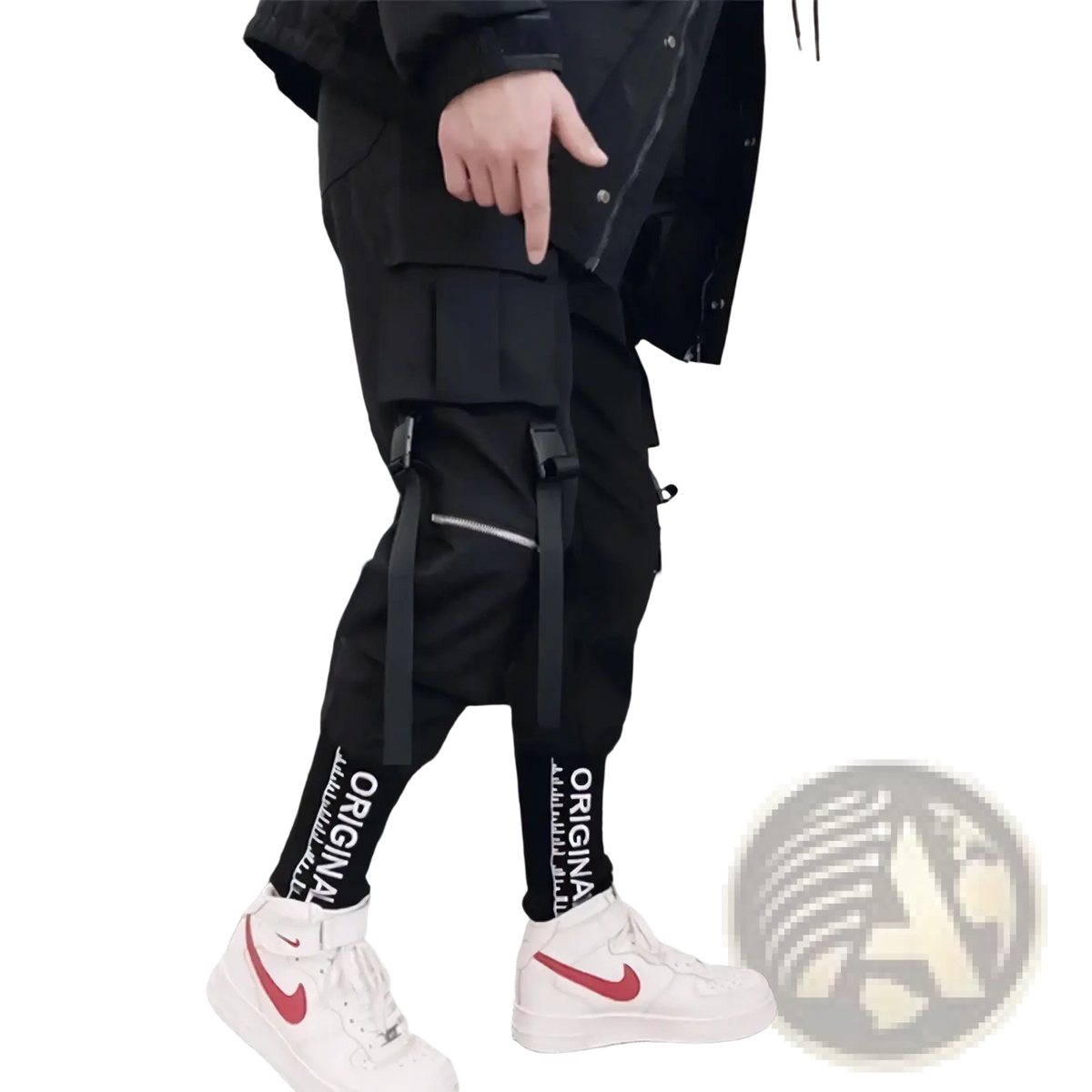 Men cargo joggers streetwear pants in black with multiple pockets adjustable straps and white original text on cuffs
