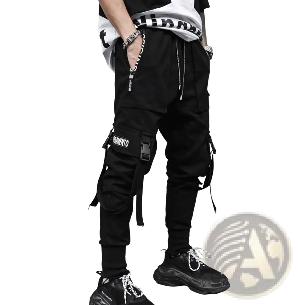 Men cargo joggers streetwear pants in black featuring multiple pockets, adjustable drawstrings, and a momento patch on the thigh