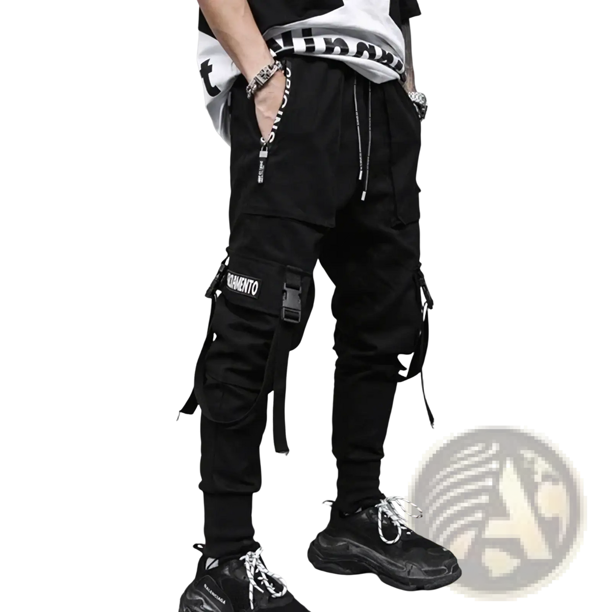 Men cargo joggers streetwear pants in black featuring multiple pockets, adjustable drawstrings, and a momento patch on the thigh