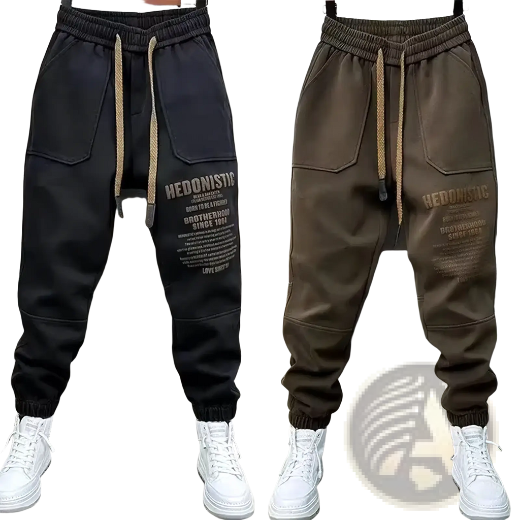 Men cargo joggers streetwear pants in black and olive green with drawstring waistbands front pockets and hedonistic branding