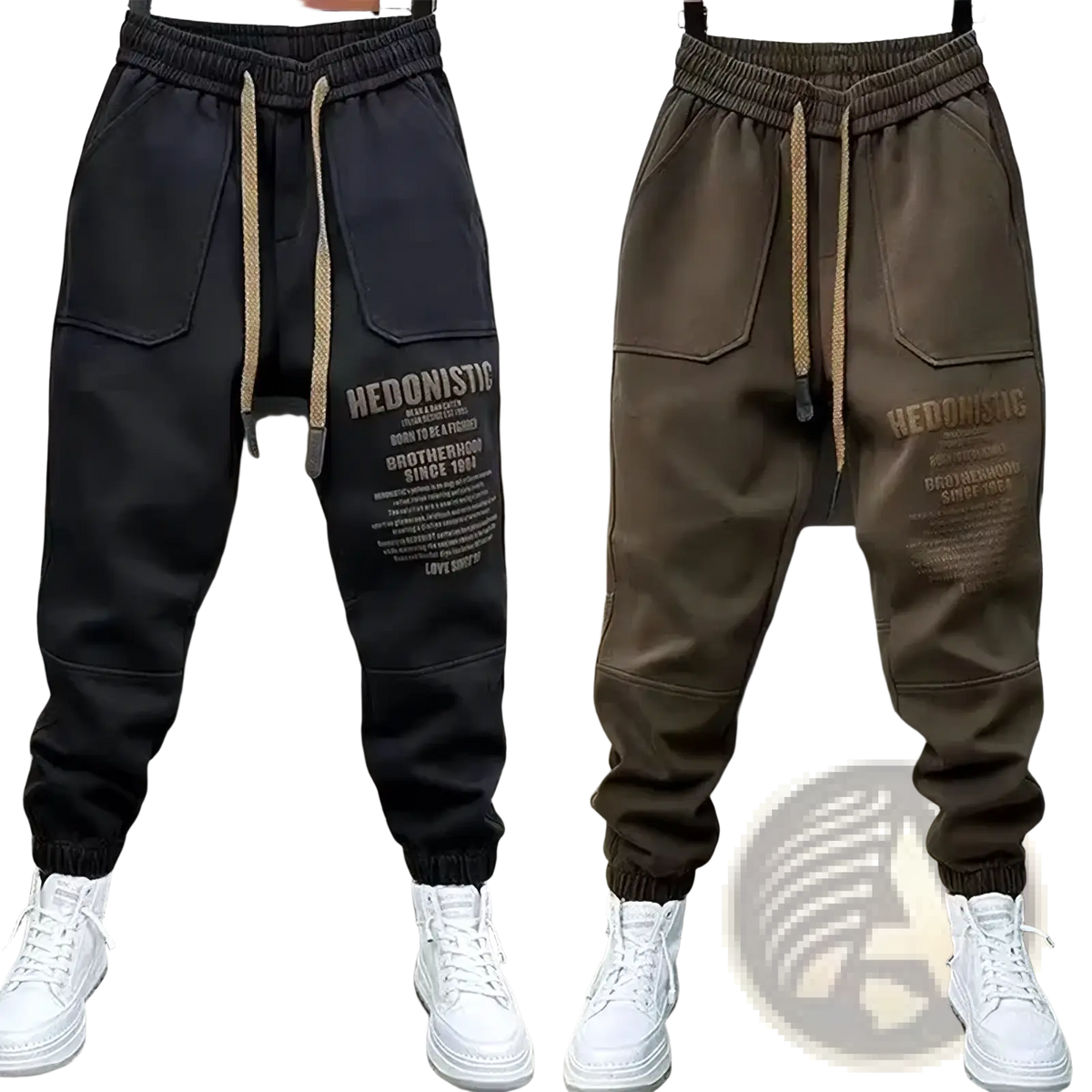 Men cargo joggers streetwear pants in black and olive green with drawstring waistbands front pockets and hedonistic branding