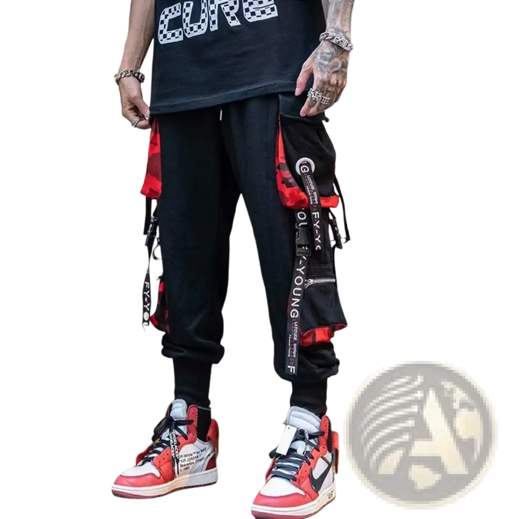 Men cargo joggers streetwear pants in black with red camouflage accents and multiple pockets, paired with a black cure t-shirt