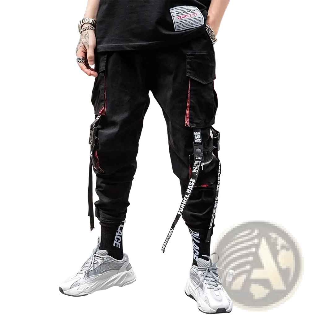 Men cargo joggers streetwear pants in black with red and white striped accents multiple pockets and adjustable straps