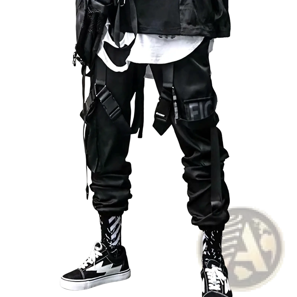Men cargo joggers streetwear pants in black tactical style with adjustable straps and a matte finish
