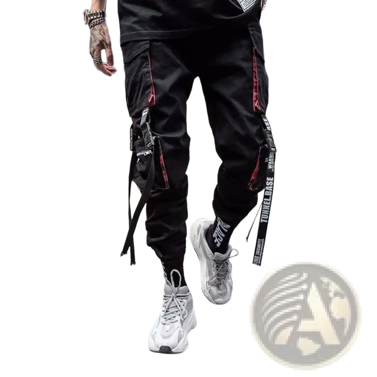 Men cargo joggers streetwear pants in black with red black striped side panels adjustable straps and tunnel base ribbon