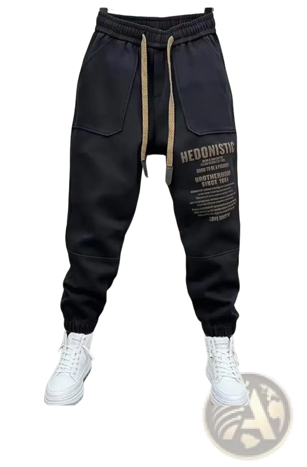 Men cargo joggers streetwear pants in black with beige drawstrings and bold white text graphic on the left leg