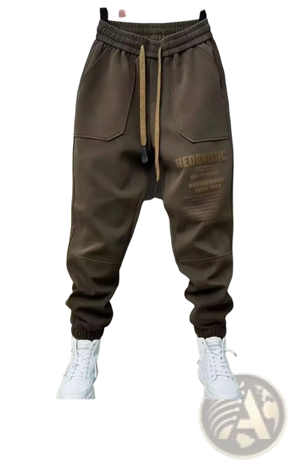 Men cargo joggers streetwear pants in olive green with drawstring waistband, front pockets, and thigh embroidery