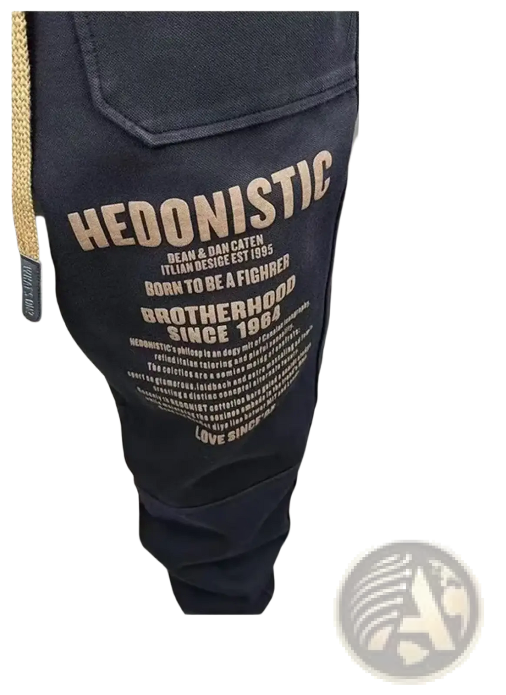 Men cargo joggers streetwear pants in dark blue denim featuring a bold gold toned hedonistic graphic and branding details