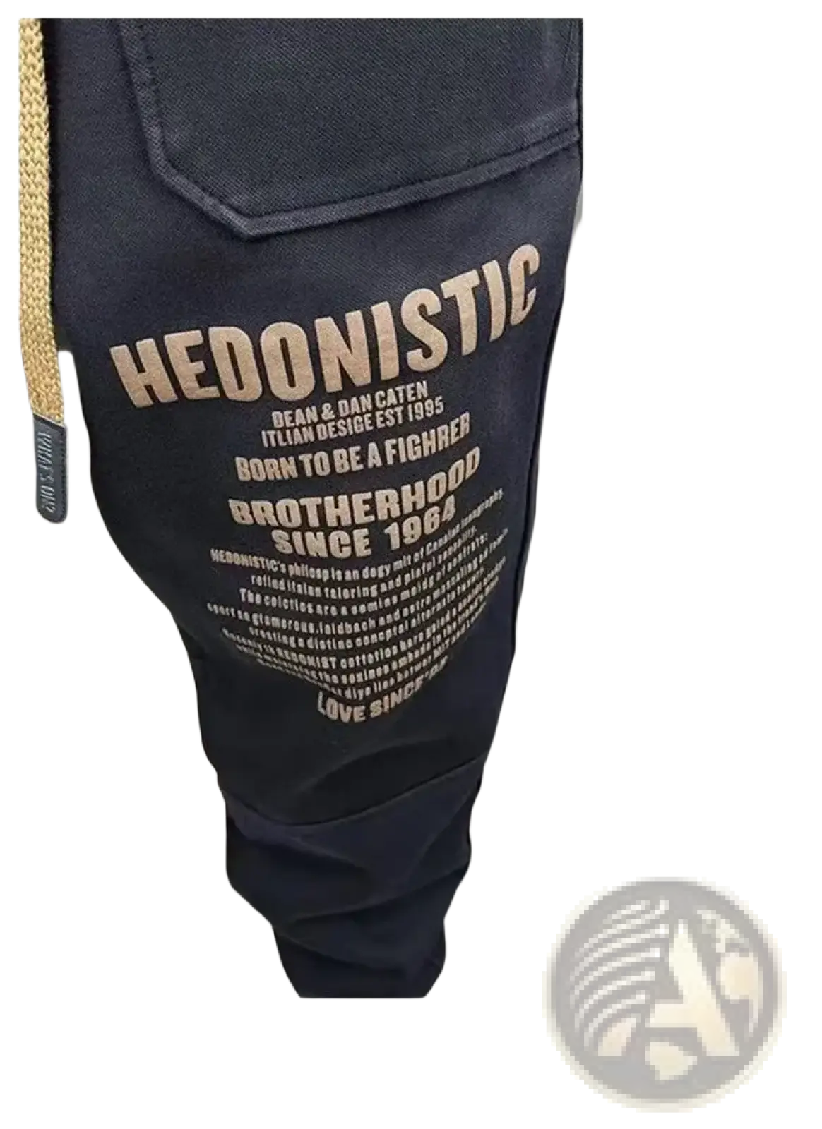 Men cargo joggers streetwear pants in dark blue denim featuring a bold gold toned hedonistic graphic and branding details