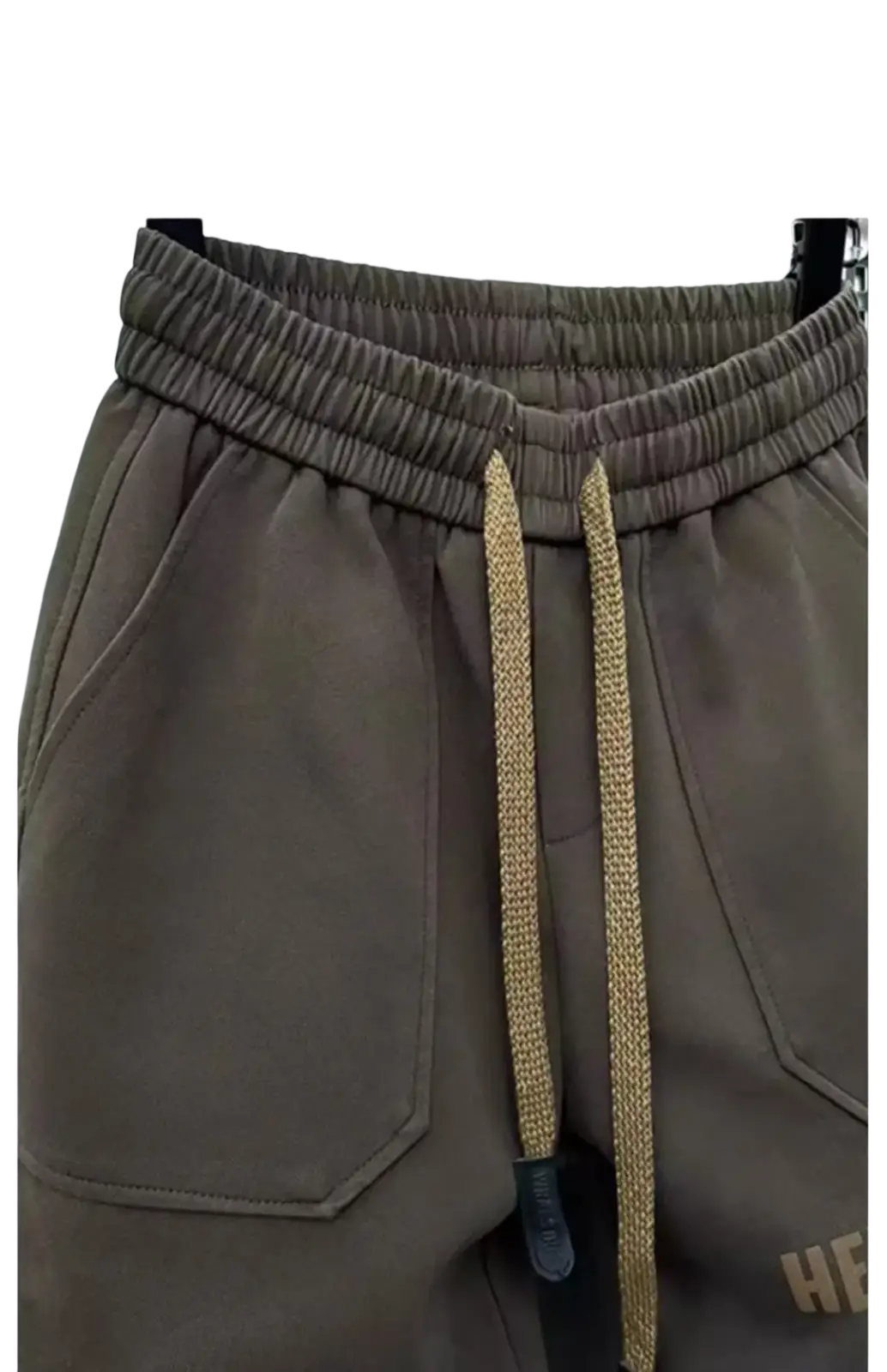 Men cargo joggers streetwear pants in olive green with textured gold drawstring cords and subtle lower leg logo