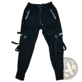 Men cargo joggers streetwear pants in black with white origins lettering on sides and adjustable straps for comfort