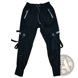 Men cargo joggers streetwear pants in black with white origins lettering on sides and adjustable straps for comfort