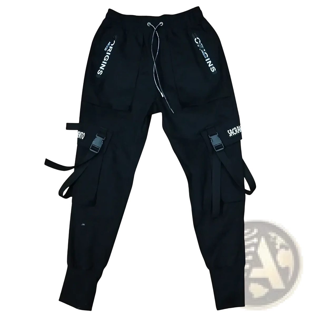 Men cargo joggers streetwear pants in black with white origins lettering on sides and adjustable straps for comfort
