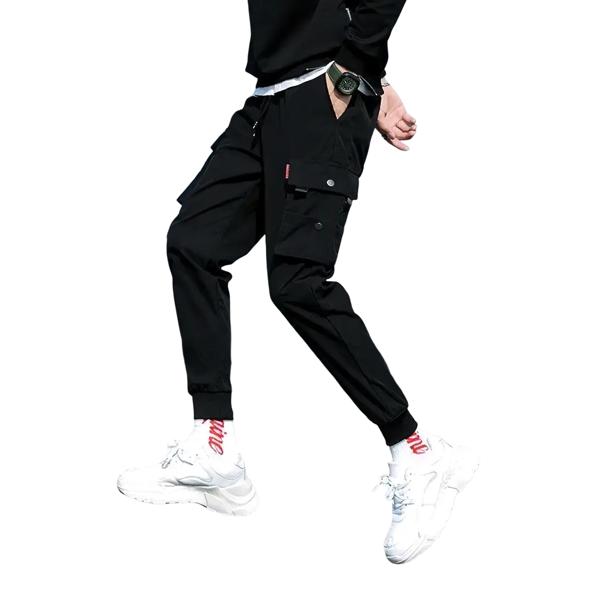 Men cargo pants black casual trousers with multiple pockets and red logo on the thigh for versatile use