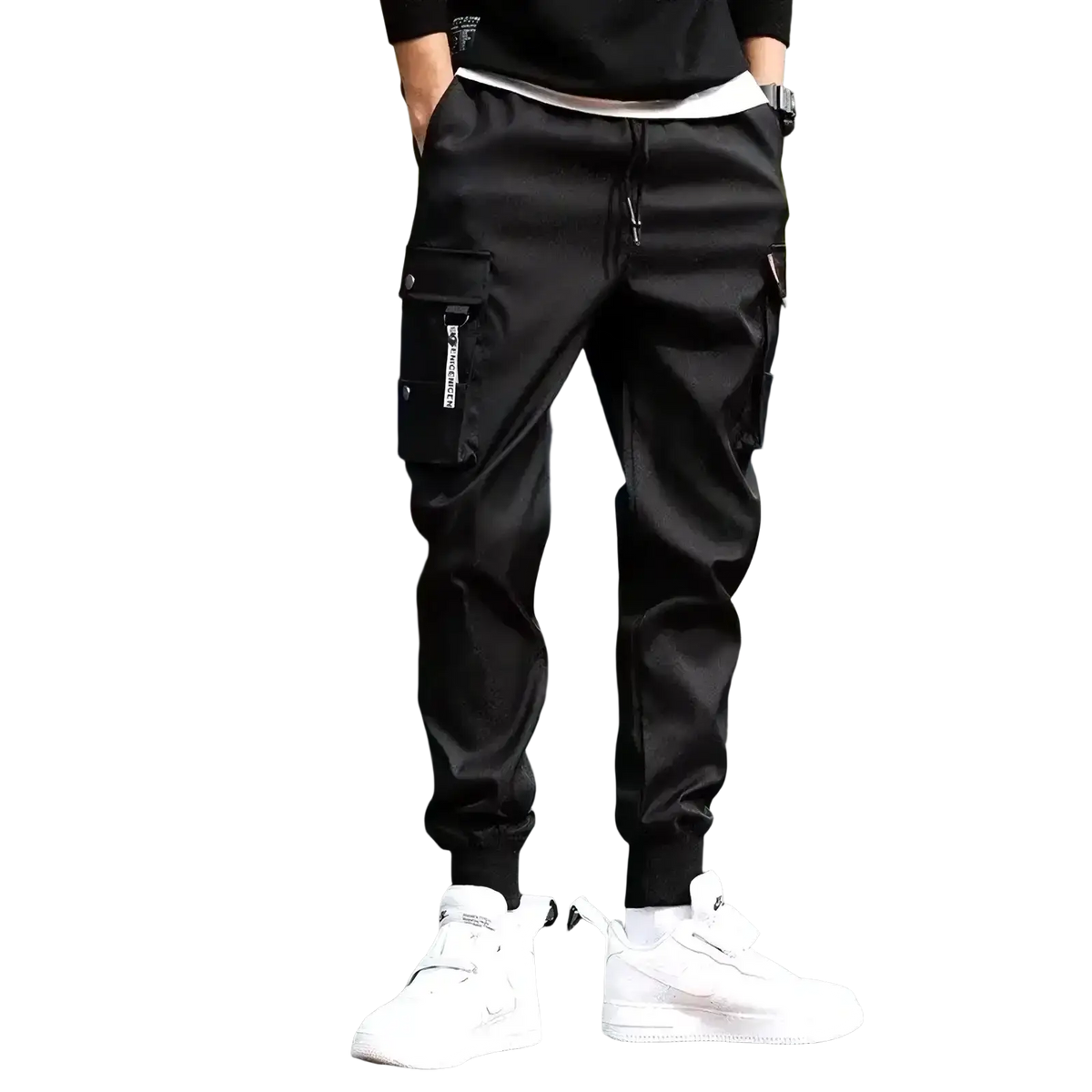 Men cargo pants black casual trousers featuring multiple pockets and a drawstring waistband for comfort