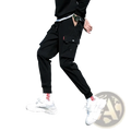 Men cargo pants black casual trousers with multiple pockets and red logo on the thigh for versatile use