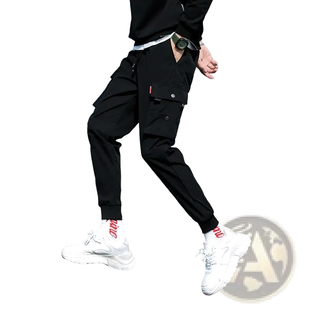 Men cargo pants black casual trousers with multiple pockets and red logo on the thigh for versatile use