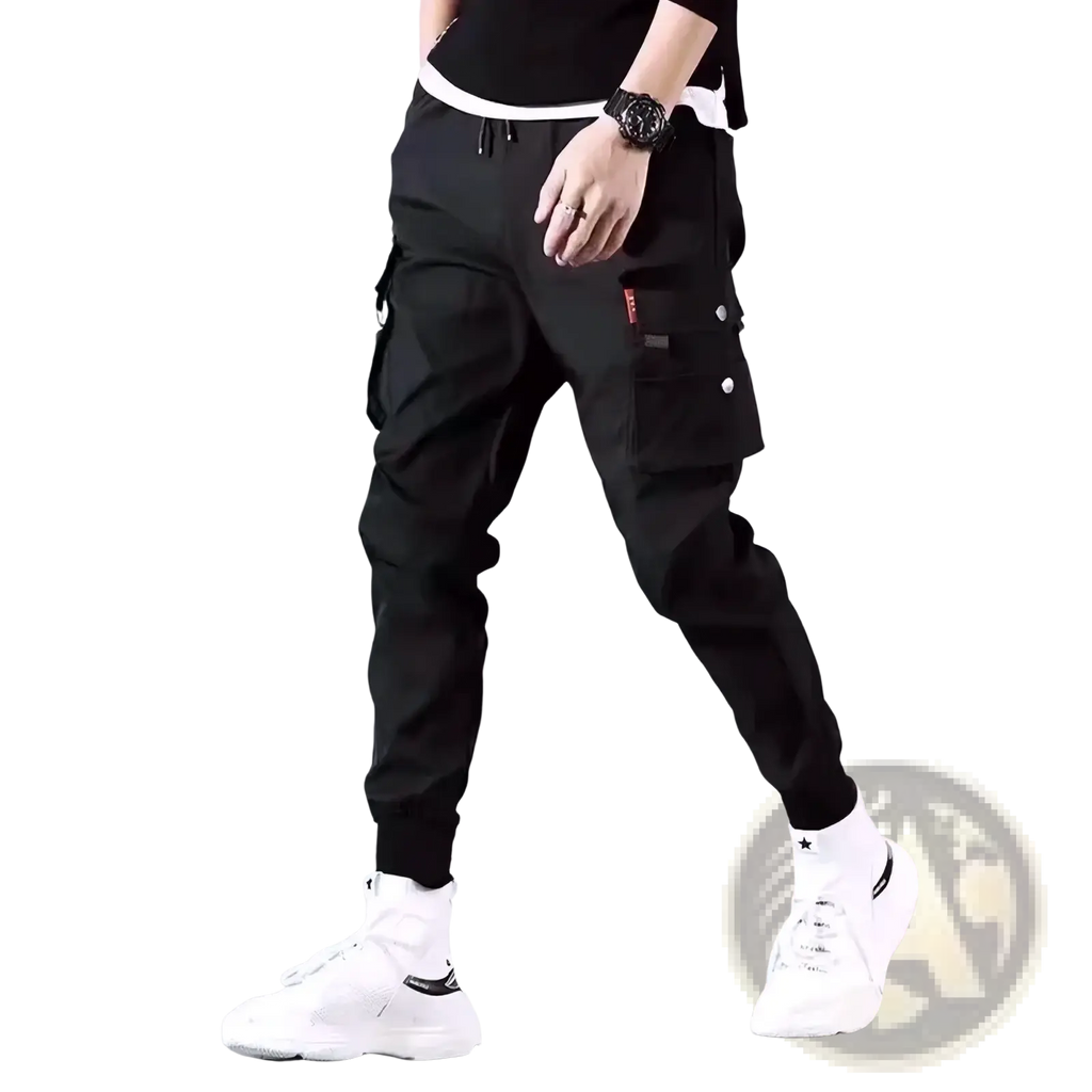 Men cargo pants black with multiple pockets and white waistband trim casual trousers for everyday wear