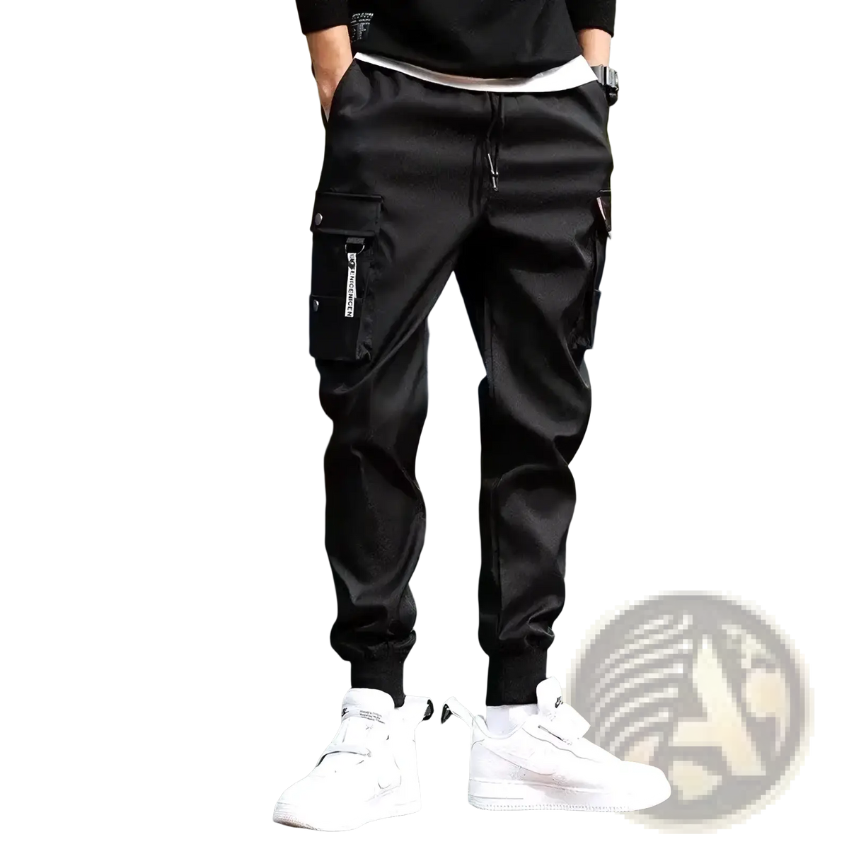 Men cargo pants black with multiple pockets and a drawstring waistband for casual wear