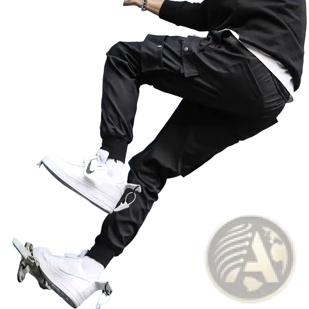 Men cargo pants black multi pocket casual trousers with tapered leg worn with white sneakers