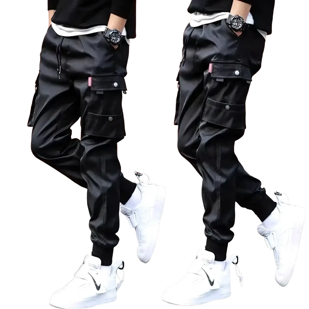 Black satin-like men cargo pants with multiple pockets and drawstring waist for casual wear cargo pants black