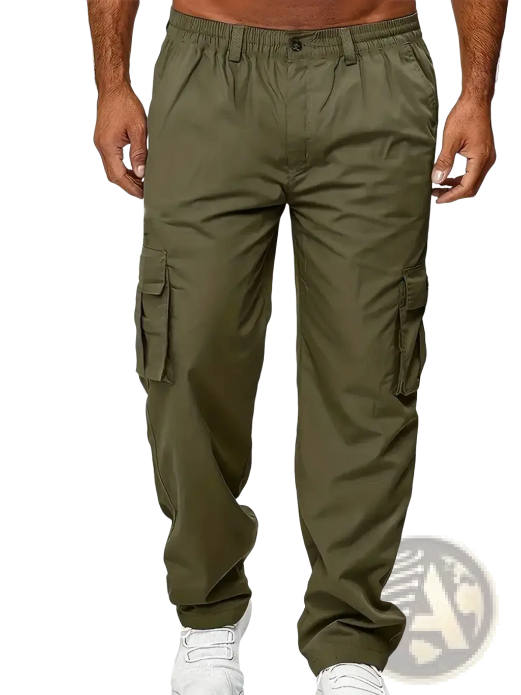 Olive green men cargo pants with elastic waistband and multiple side pockets designed for casual wear