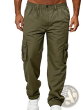 Olive green men cargo pants with elastic waistband and multiple side pockets designed for casual wear