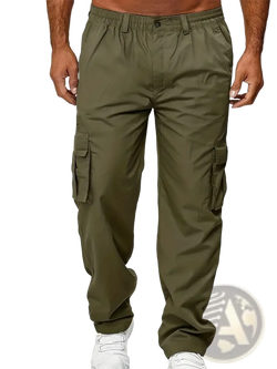 Olive green men cargo pants with elastic waistband and multiple side pockets designed for casual wear
