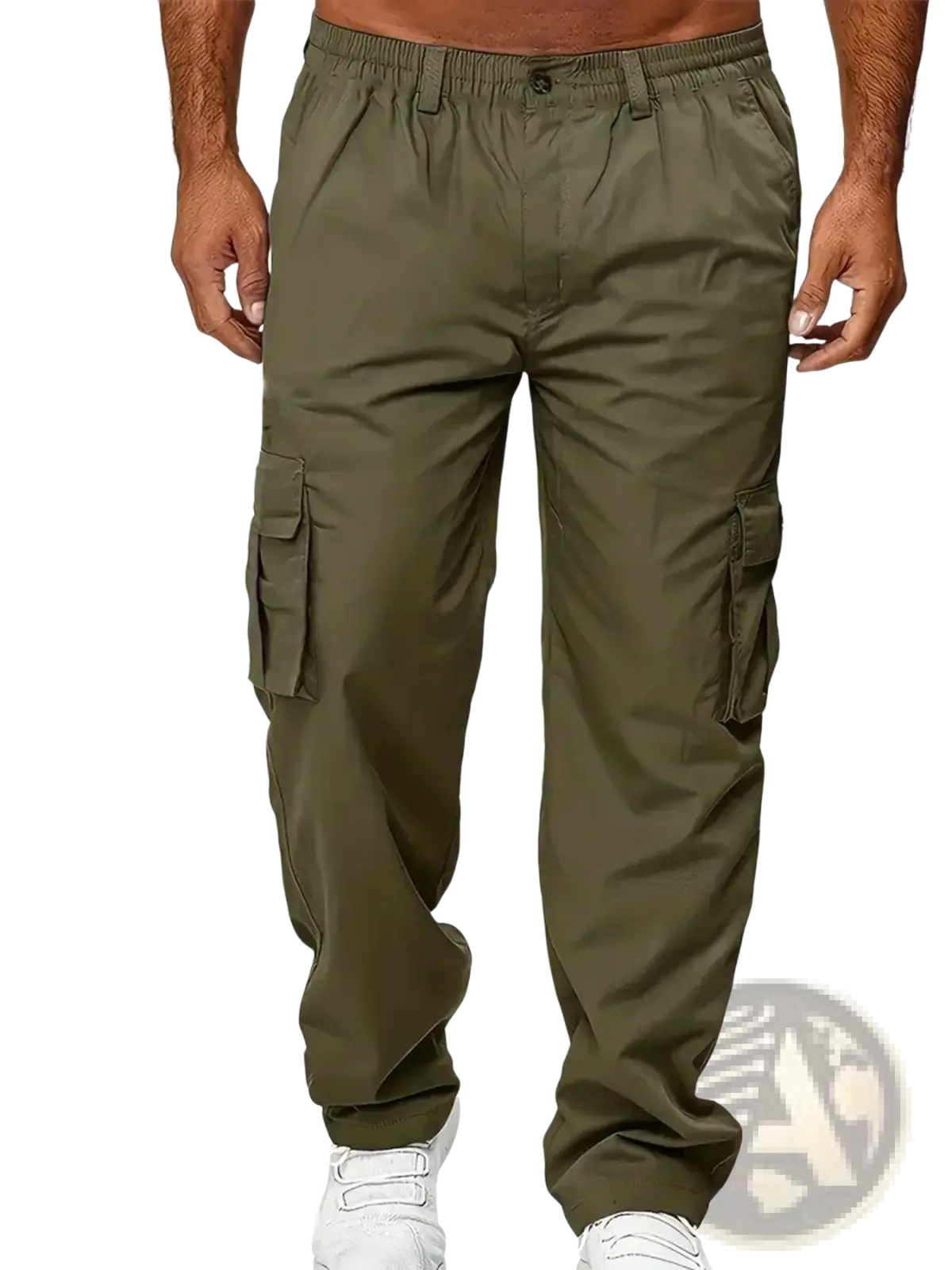 Olive green men cargo pants with elastic waistband and multiple side pockets designed for casual wear