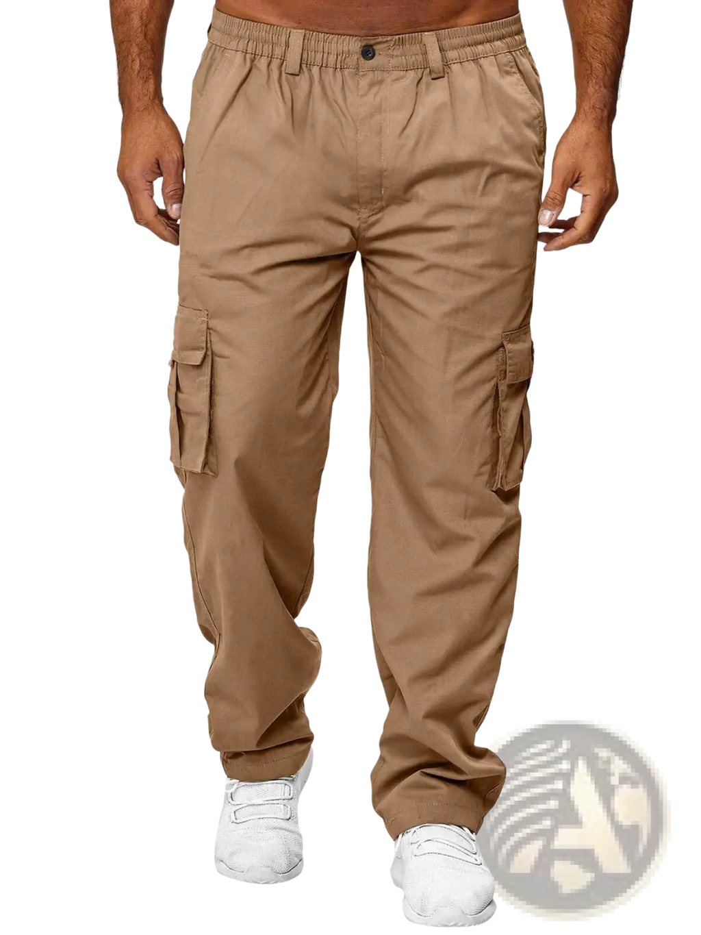 Beige men cargo pants casual trousers with elastic waistband and multiple side pockets for practical use