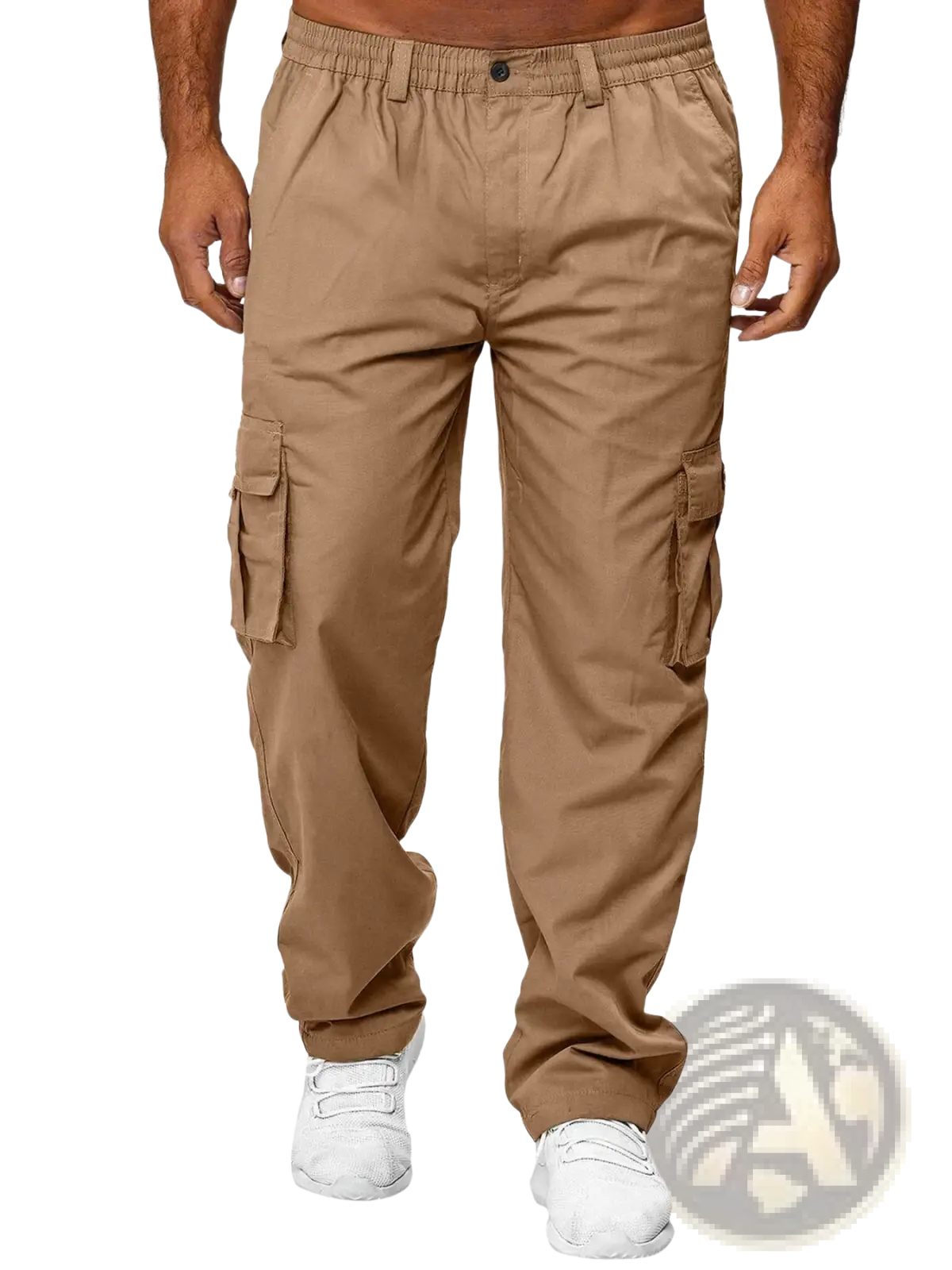 Beige men cargo pants casual trousers with elastic waistband and multiple side pockets for practical use
