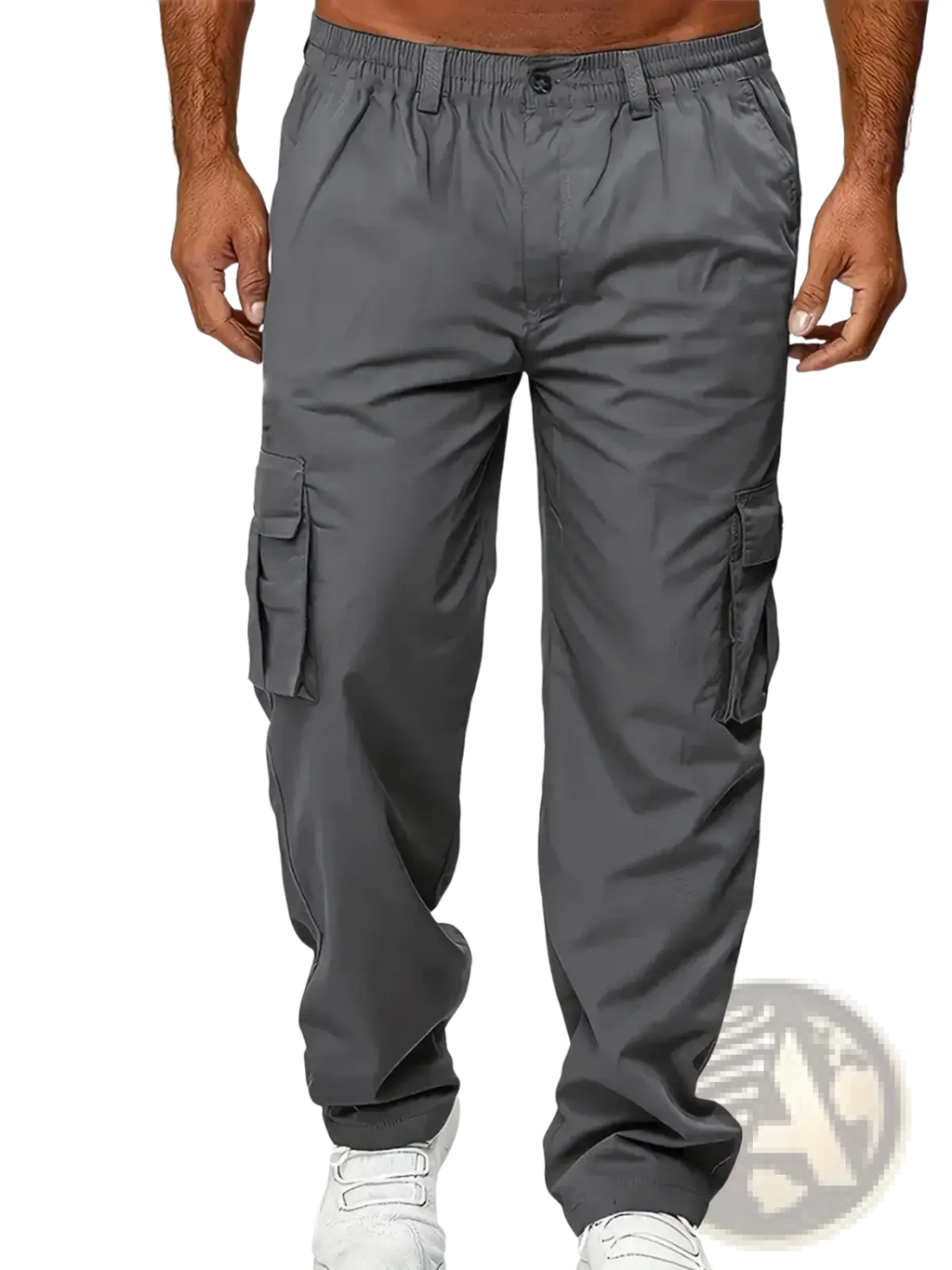 Men cargo pants casual multi pocket trousers in gray with multiple side pockets and an elastic waistband