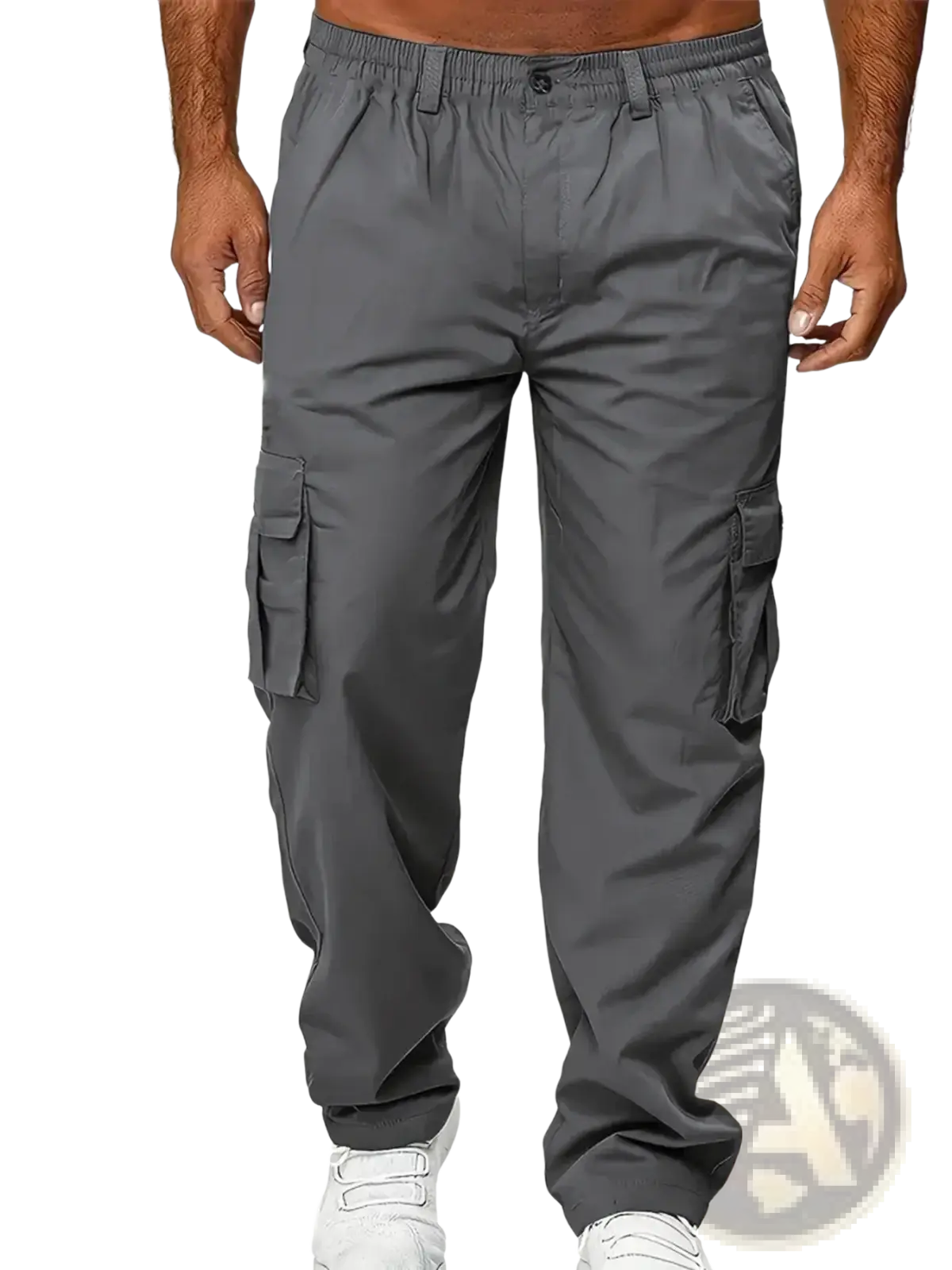 Men cargo pants casual multi pocket trousers in gray with multiple side pockets and an elastic waistband