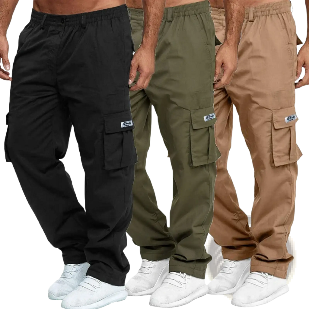 Men cargo pants casual multi pocket trousers in black olive green and tan with elastic waistbands for comfort