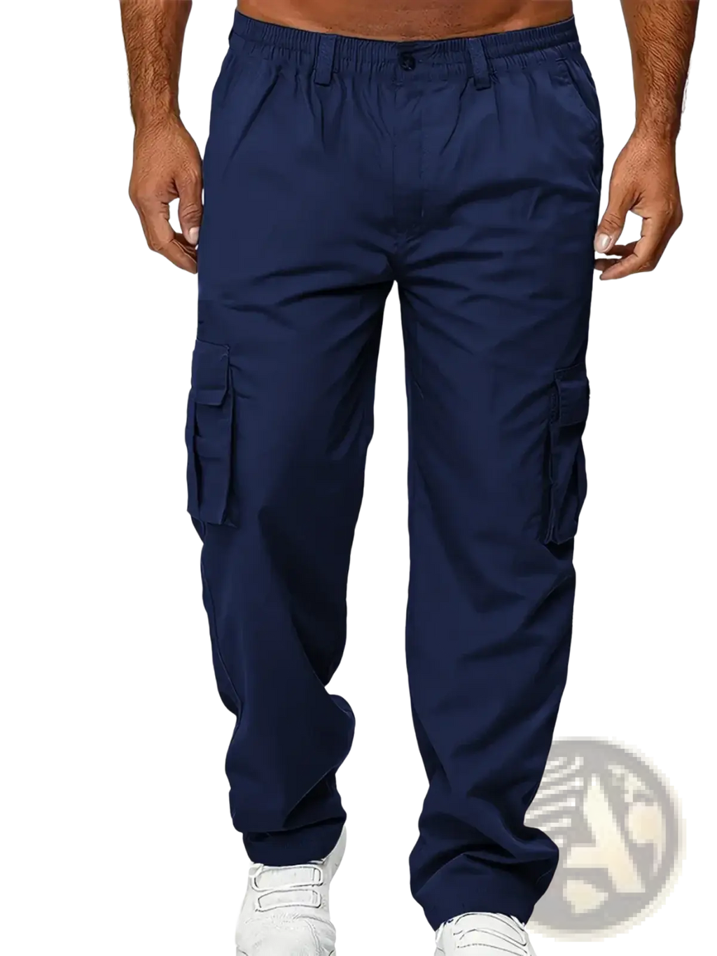 Navy blue men cargo pants with elastic waistband and multiple side pockets for casual wear