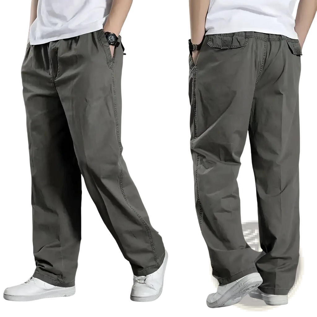 Men cargo pants casual relaxed fit cotton trousers in olive green with multiple pockets and a relaxed fit