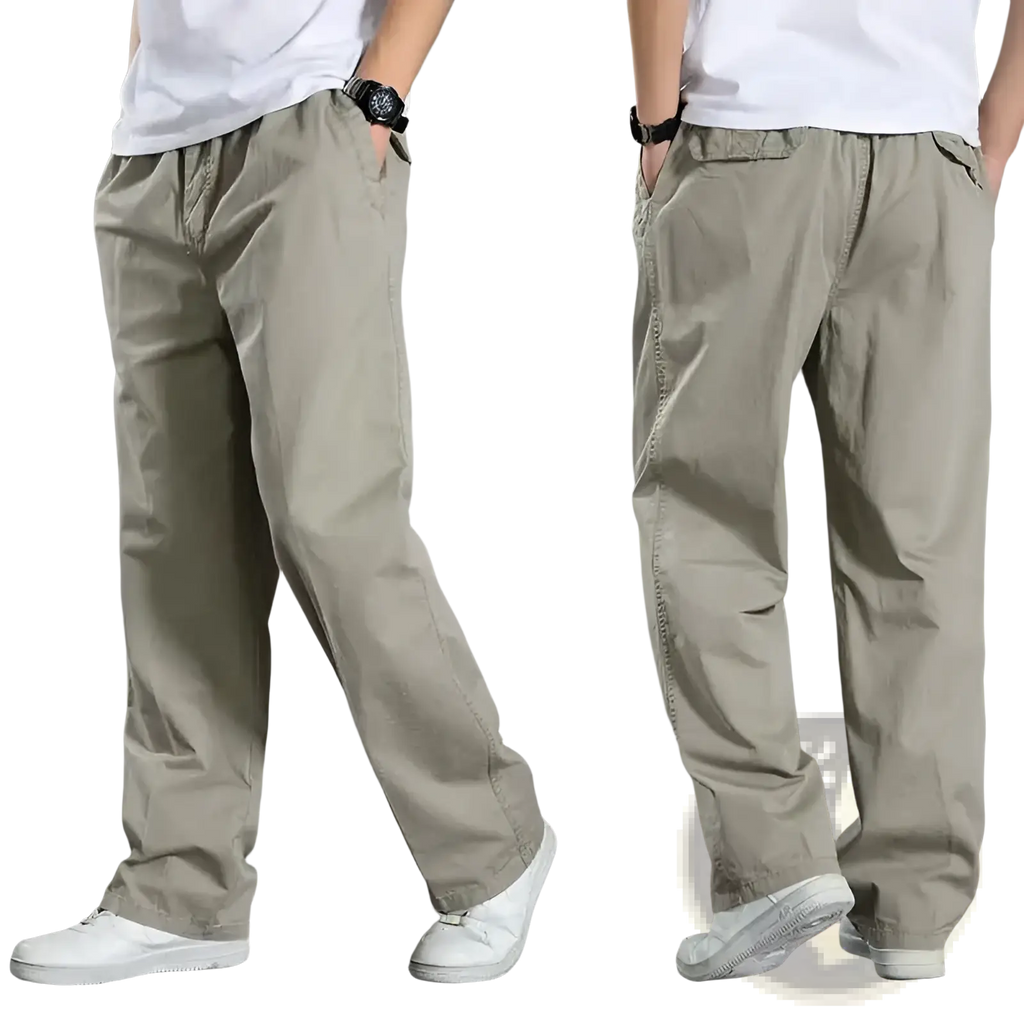 Men cargo pants casual relaxed fit cotton trousers in khaki with multiple pockets and a drawstring waistband