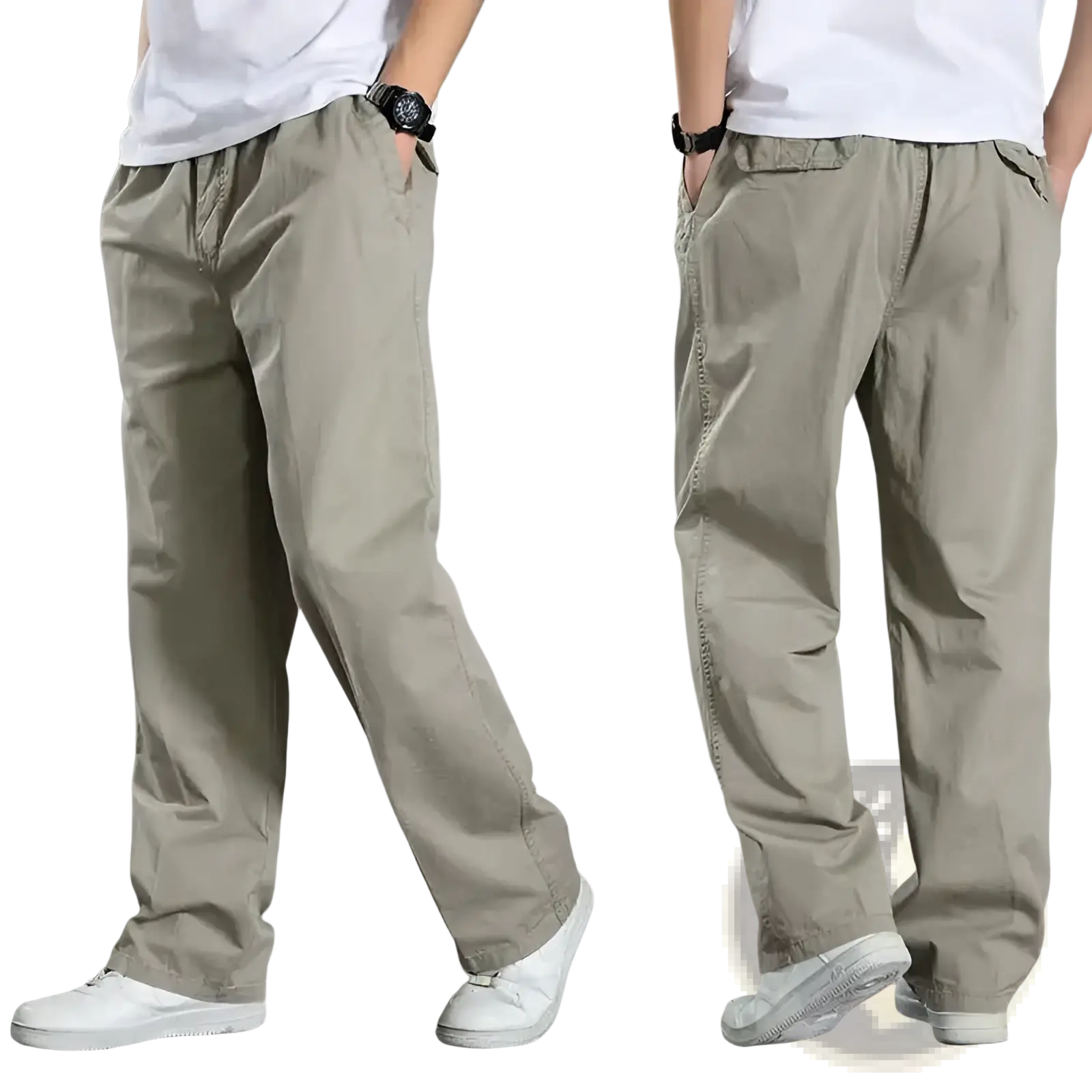 Men cargo pants casual relaxed fit cotton trousers in khaki with multiple pockets and a drawstring waistband
